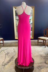 Sheath Halter Hot Pink Long Semi Formal Prom Dress with Silt